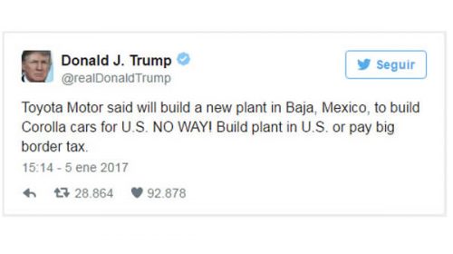 Trump amenaza a Toyota para que no construya planta en México y la lleve a EEUU
