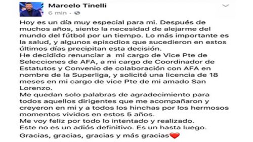 Tinelli se aleja del fútbol: su carta de renuncia a la AFA y su larga licencia en San Lorenzo Tinelli se aleja del fútbol: su carta de renuncia a la AFA y su larga licencia en San Lorenzo