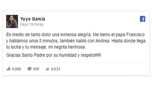El Papa Francisco llamó a los padres de Micaela