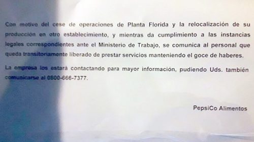 Cerró una planta de Pepsico: avisaron con un cartel en la puerta