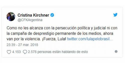 El mensaje de apoyo de Cristina: “¡Fuerza, Lula!”