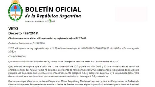 Es oficial: el veto a la ley de tarifas fue publicado en el Boletín