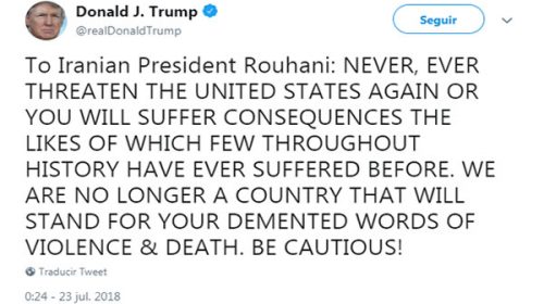 Trump advierte a Irán: “Nunca jamás vuelvas a amenazar a EE UU o sufrirás las consecuencias”