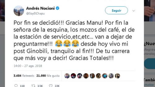 El tweet del “Chapu” Nocioni sobre el retiro de “Manu” Ginóbili que se hizo viral