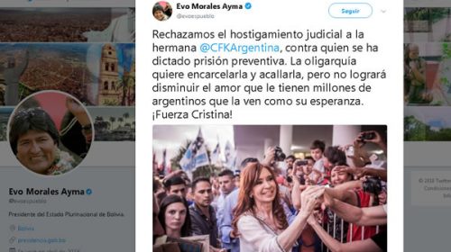 Evo rechazó el procesamiento a Cristina: “La oligarquía quiere encarcelara y acallarla”