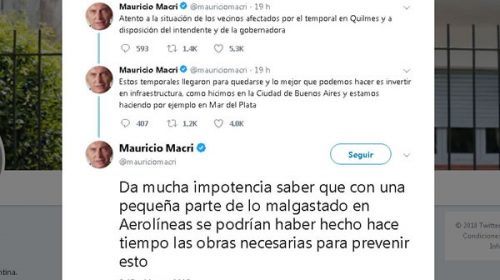 Macri le echó la culpa de las inundaciones a la plata “malgastada” en Aerolíneas